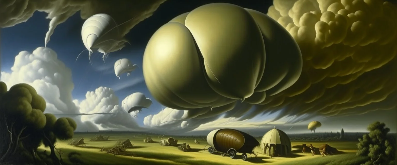 A light gray sky with airships in a tornado painted by Thomas Hart Benton