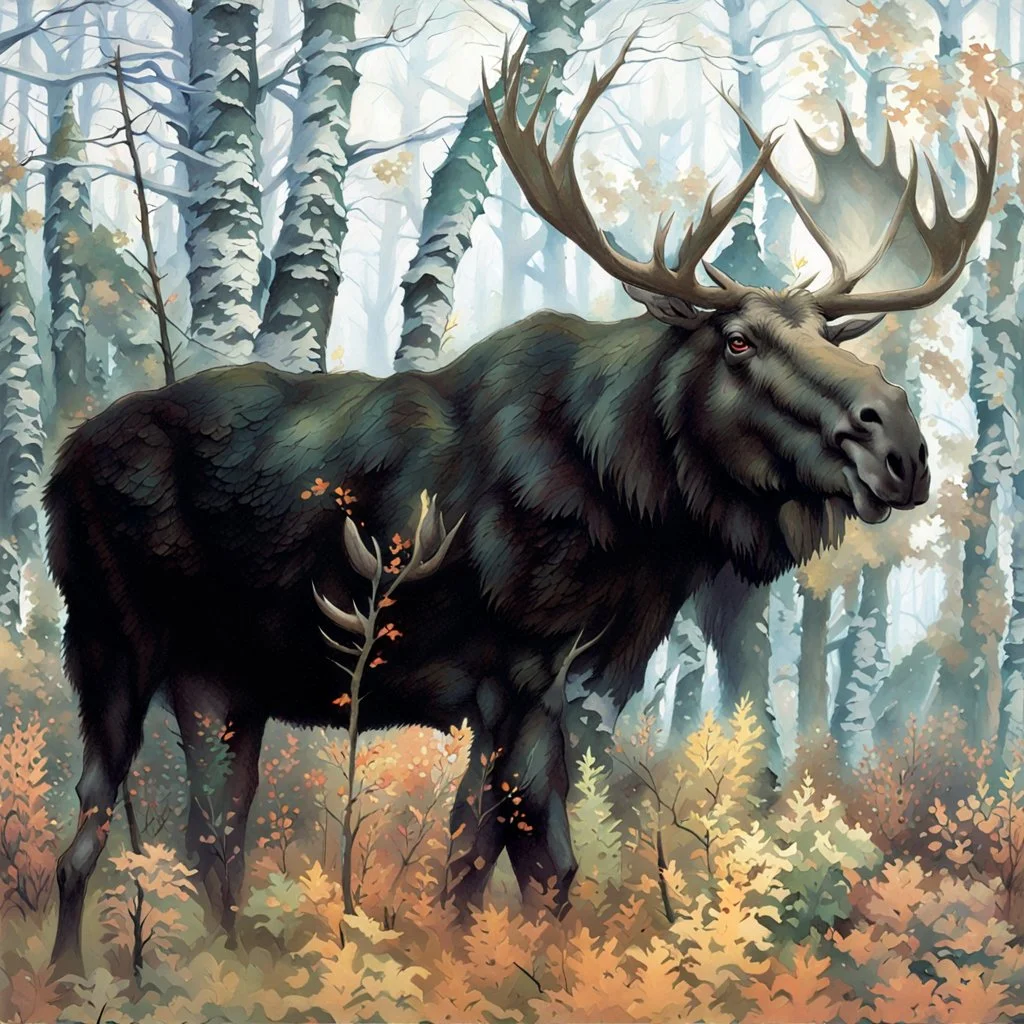 90's fantasy tcg art of a moose in forest