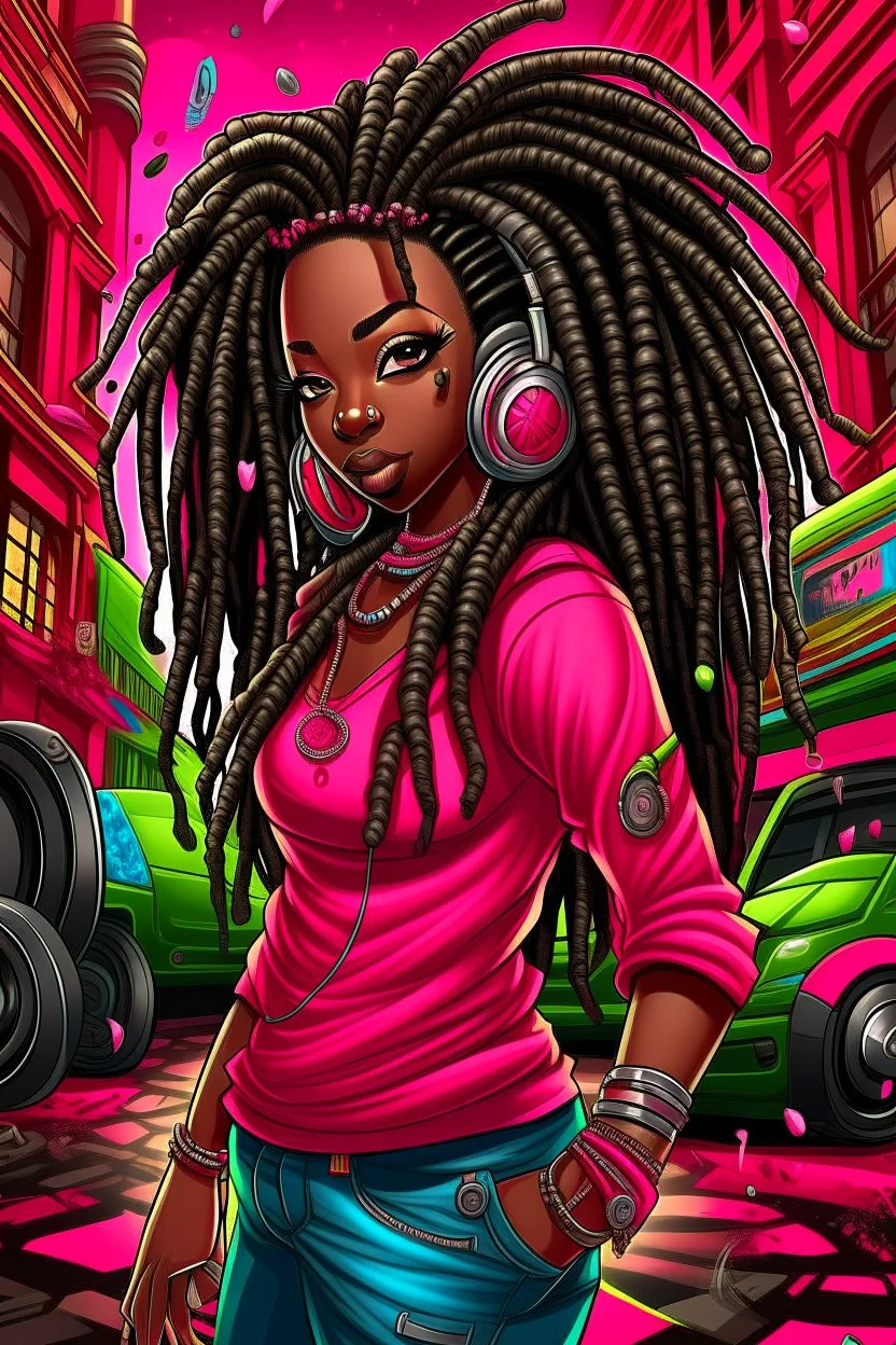 Create a digital airbrush cartoon of a curvy African American female wearing a hot pink jean outfit with timberland boots. Prominent make up with hazel eyes. She is wearing large diamond hoop earrings. Extremely highly detailed very long dread locs hair that shines. Background of a night club.