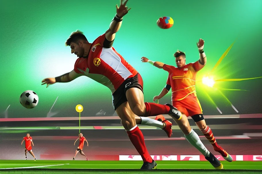 Oil painting, football match, the striker is kicking a goal, the ball is flying, bright but not neon colours, dynamic lines, dynamic blobs, spots, lines in the background of the character, like a colour explosion