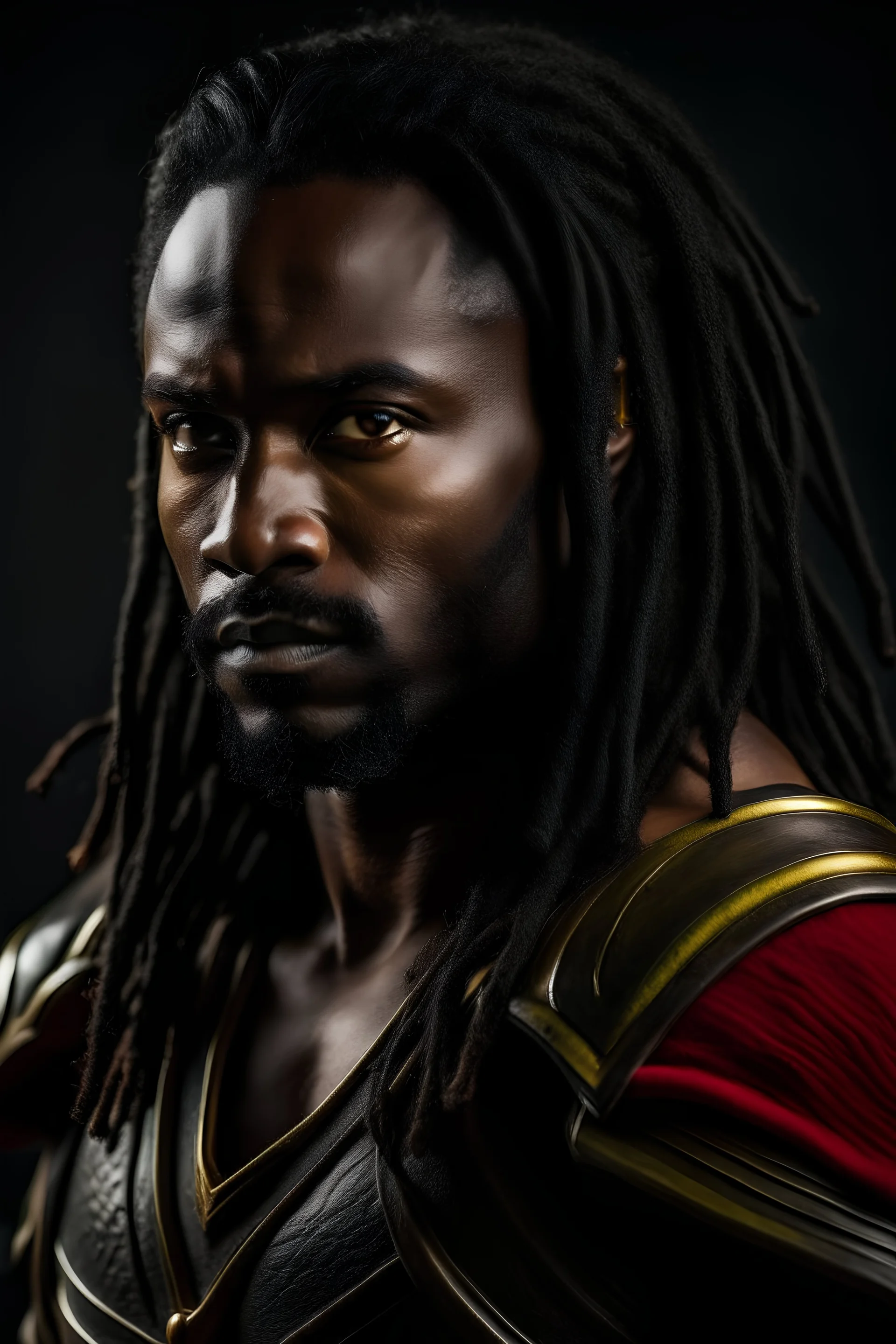 portrait of a handsome 35 year old warrior, black skin, looking like kahl drogo, long dark hair in a queue, powerful, in armor, red, yellow eyes