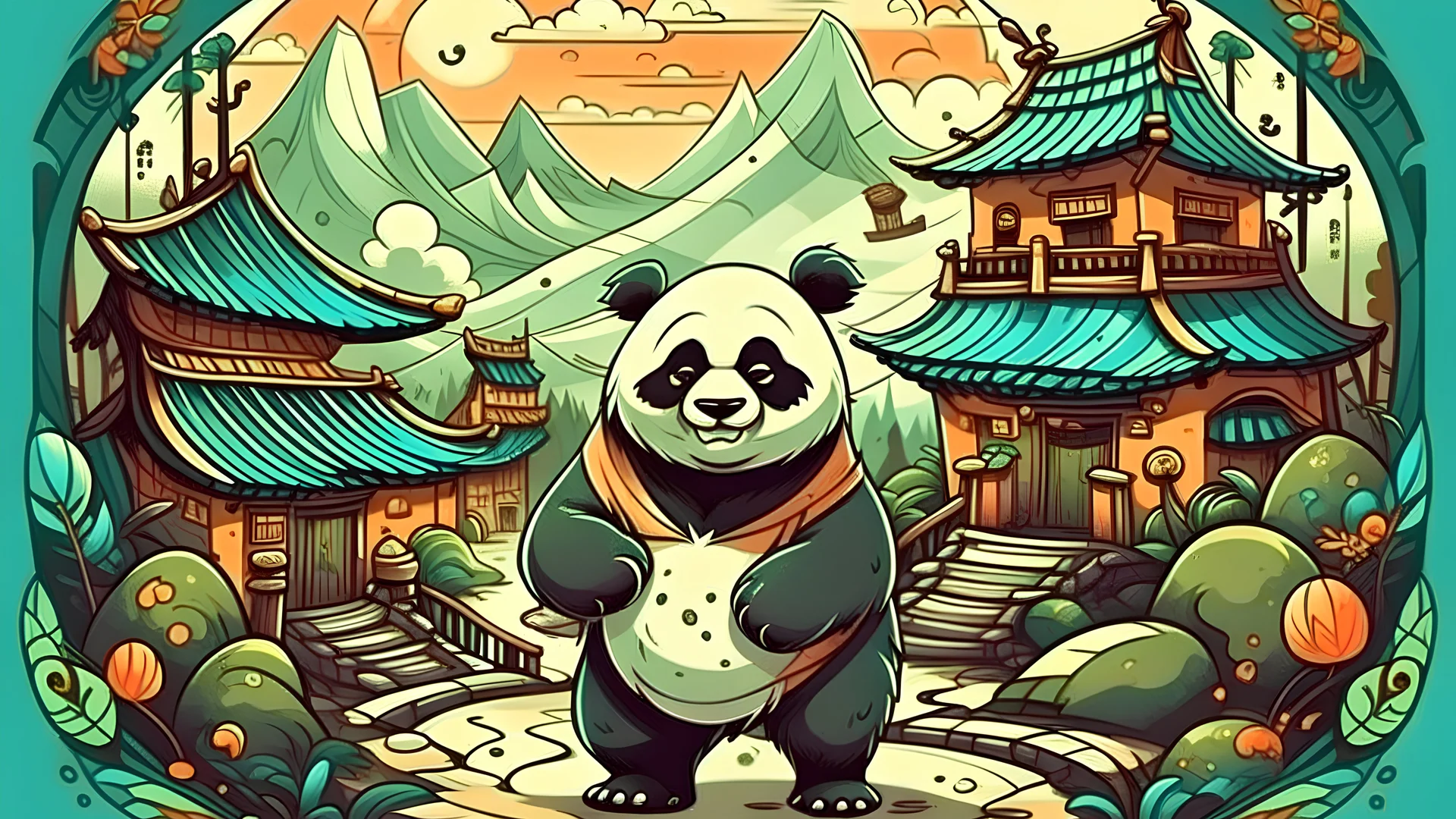 fantasy cartoon style illustration: wise panda in a chinese village