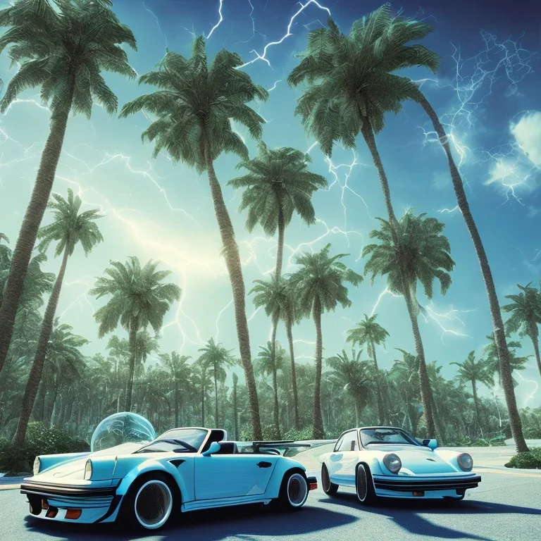 1980's aesthetic vaporwave palm trees and spheres and Porsche with lightning on fish eye filter