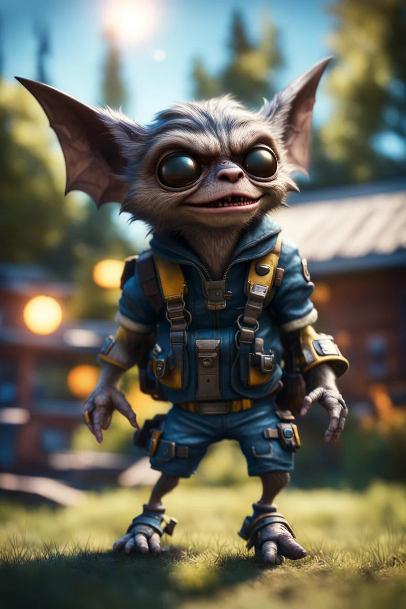 bat gremlin scout pimp hippie, hovering with glowing jets from rocket backpack in the backyard, in the style of a fallout 4,bokeh like f/0.8, tilt-shift lens 8k, high detail, smooth render, down-light, unreal engine, prize winning