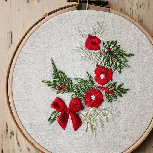 exquisite whimsical christmas in embroidery hoop, intricate, highly detailed, linen and wood backdrop