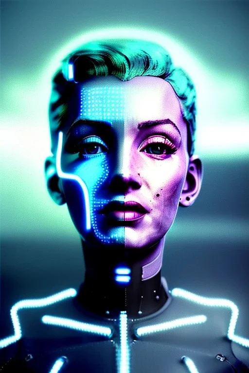 Ultra Realistic image, portrait, blonde woman, Marylin Monroe face, perfect iris, glow eyes, glow makeup. Cyborg, Cyberpunk, ex machina style, wires, oversized tight latex dress. fog, rain, soft color, highly detailed, unreal engine 5, ray tracing, RTX, lumen lighting, ultra detail, volumetric lighting, 3d, finely drawn, high definition, high resolution.