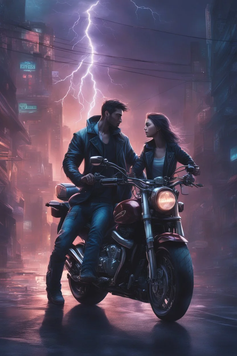 Science fiction, cyberpunk, city street, couple girl and guy, together, love at first sight, forbidden love, storm, lightning, motorcycle