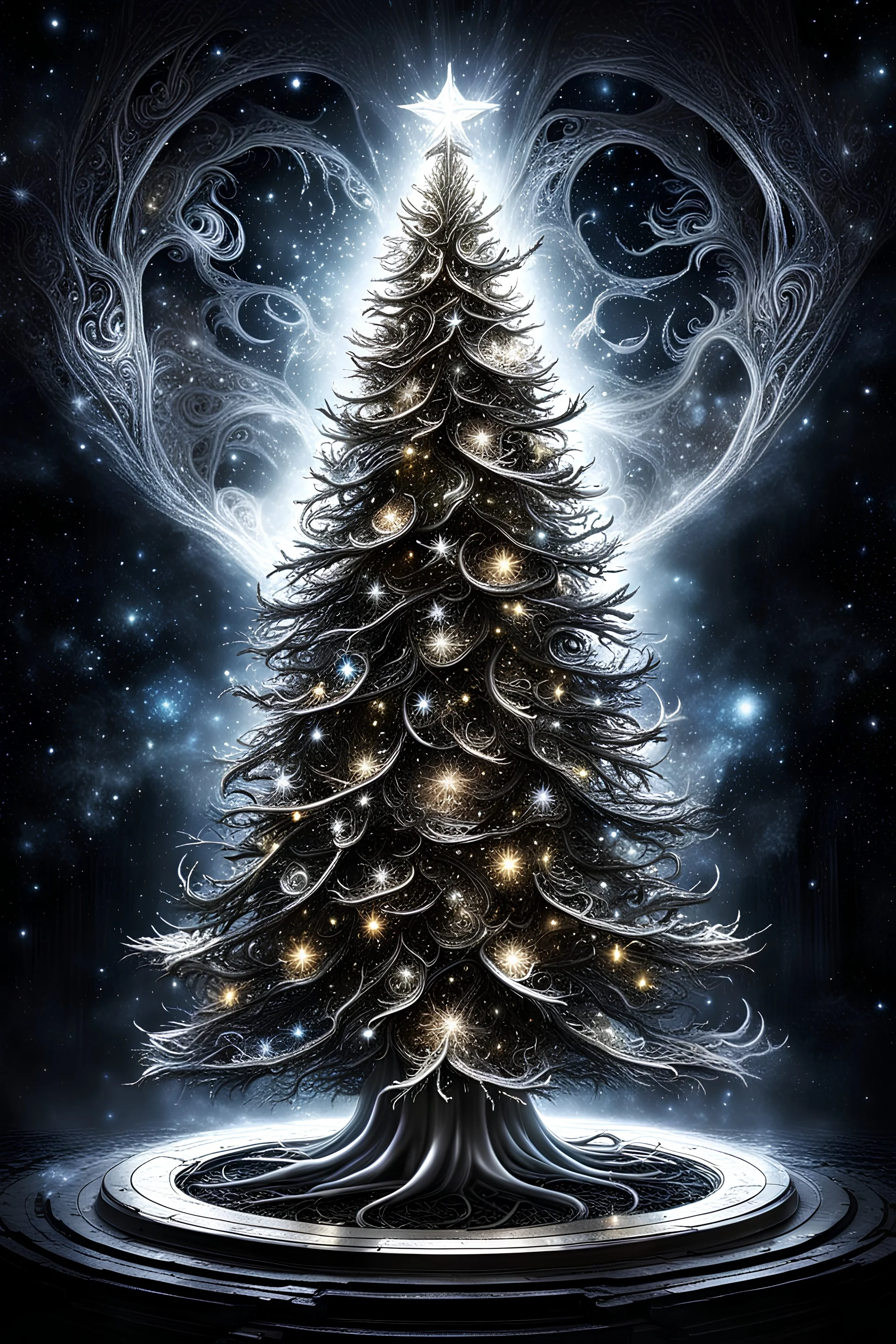 a beautiful illuminated silver and white light Christmas tree stands in a dark room, dark furniture outline visible, few glimmering lights, the ceiling opens and a swirling, terrifying vortex inside claws, stars, planets, demonic eyes, scary, dark atmosphere, deep colors, small details , surreal, thriller, nightmare, masterpiace