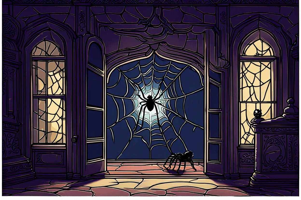 One day at night, there was a long window open, and inside the palace there was a dark room, and the window of that palace was broken and had a spider web in it, and the picture appeared from the outside. Someone was looking at someone inside, cartoon, 2D.