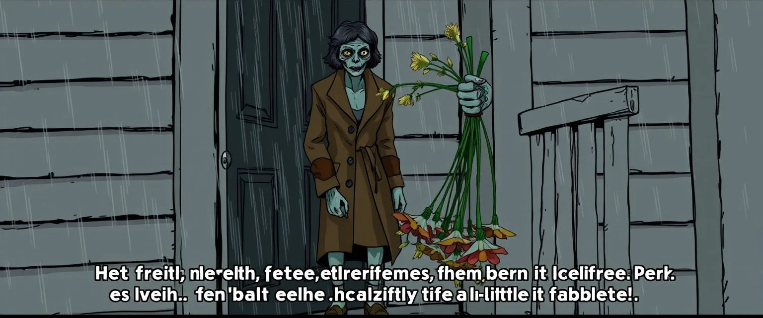Maya is standing in the doorway with one hand still on the handle. She looks surprised, but not frightened. The zombie is wearing an old brown coat with patches on the elbows. His shoes don't match. What's surprising is that he's carrying a bunch of wildflowers. One of them has slipped from his hand and landed upside down on the porch. The rain is falling everywhere except on the flowers. That's a little strange.