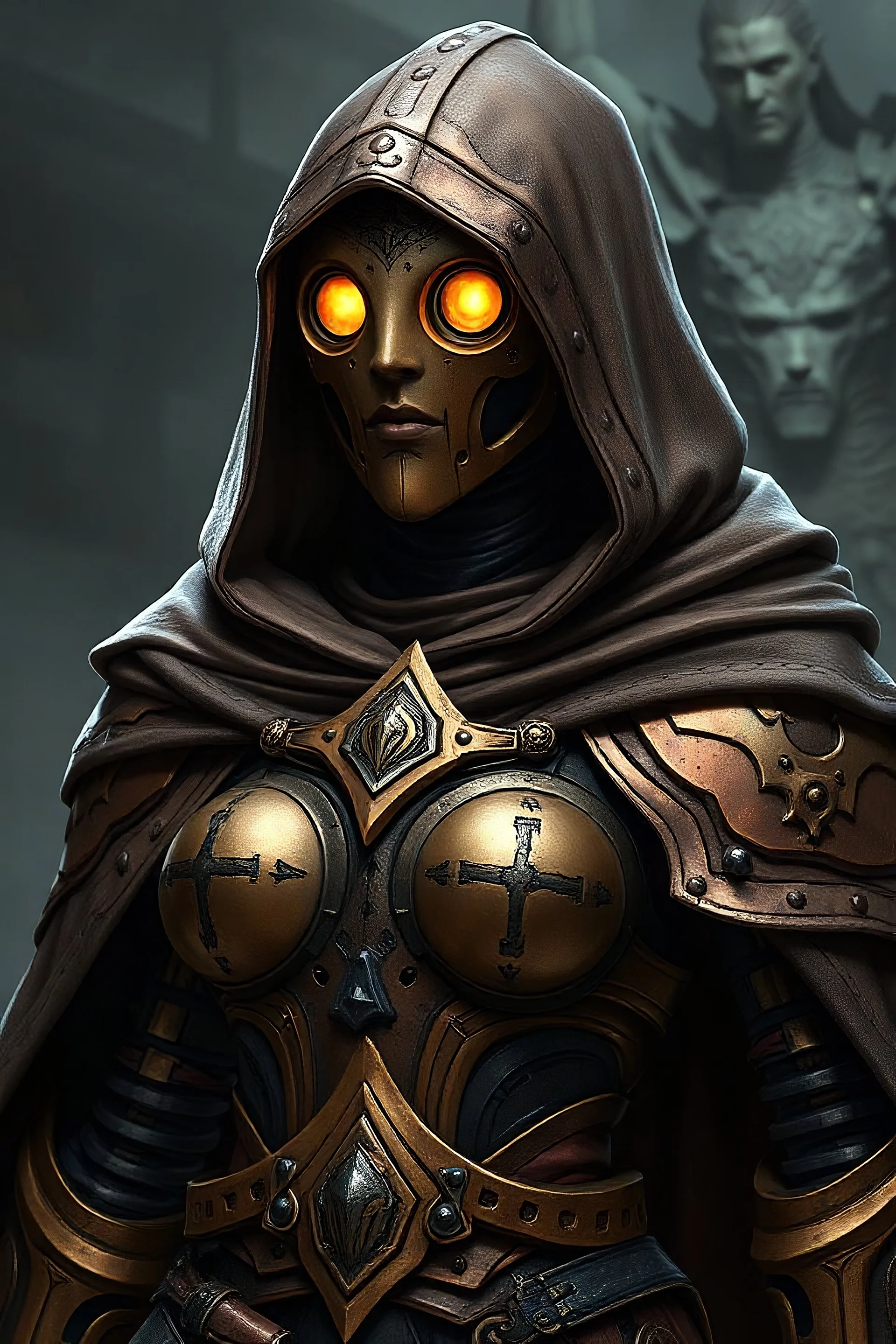 Female Warforged robotic cleric, with round glowing eyes, cloak, wearing copper armor, medieval style, dungeons and dragons, full body