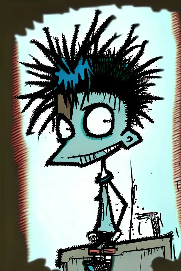 2d drawing of a stickman, cool with punk hair, x eyes like in hangman, driving a porch, 3d realistic in colour