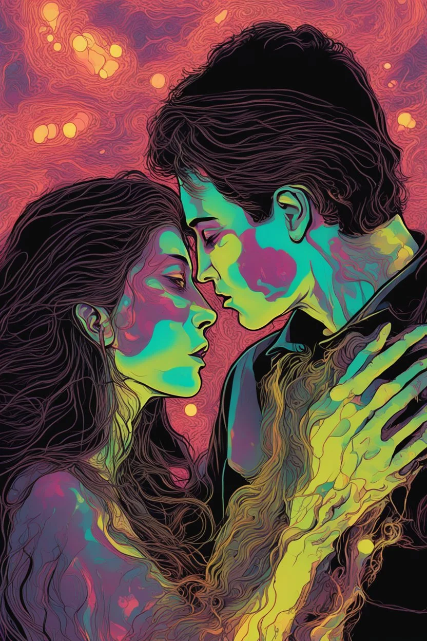 Ultra detailed illustration of a couple kissing, figure, ((ghostly)) (((translucent:1.5))), (((translucent creature:1.5))), art by Mschiffer, neon lights, light particles, colorful, cmyk colors, strong backlit, back lights