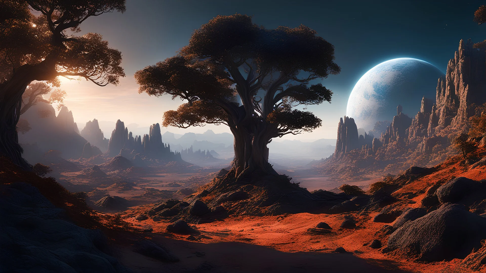 Landscape of a dark far away planet, rock and organic soil, glowing trees, UHD, masterpiece, trending on artstation, sharp focus, studio photo, intricate details, highly detailed, by greg rutkowski, best quality, high quality, good