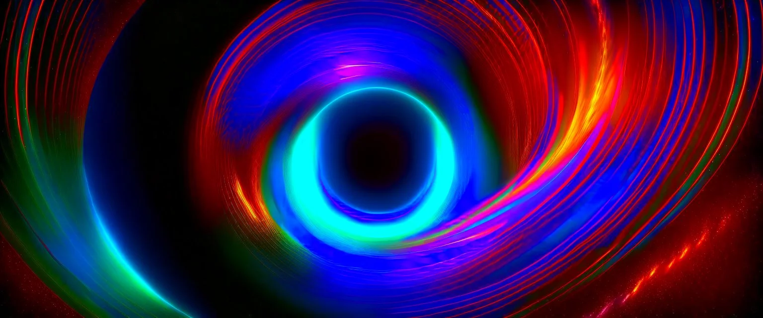 orbiting a black hole from a trillion miles away, peaceful, colorful, dark, ominous, beautiful abyss, viewed from teh vertical plane