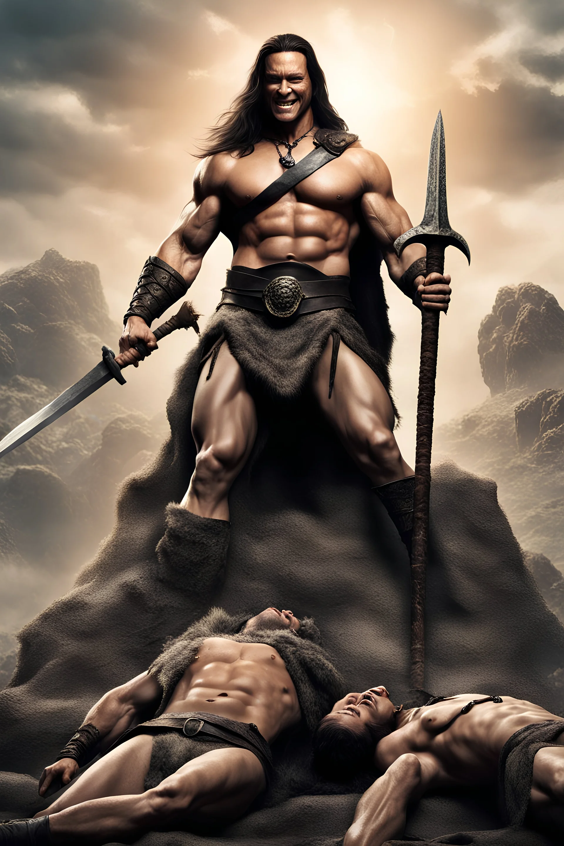 inspired by all the works of art in the world - laughing - Conan the Barbarian standing on a mound of dead bodies, full body image, Absolute Reality, Reality engine, Realistic stock photo 1080p, 32k UHD, Hyper realistic, photorealistic, well-shaped, perfect figure,