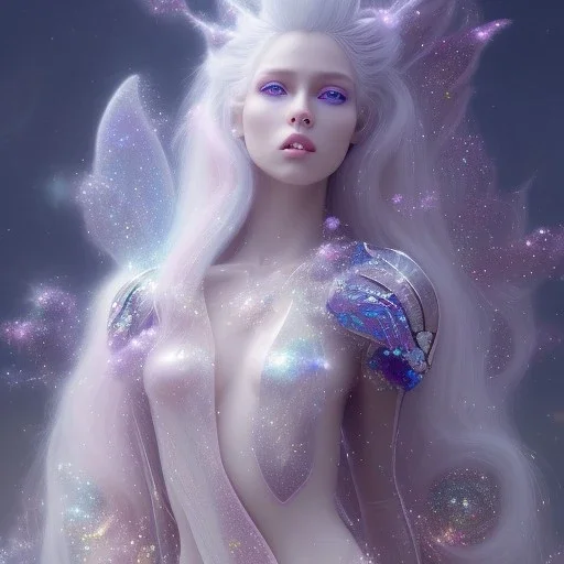 one big crystal glitter pink blue subtle galactic fairy in a galactic ambiance,glitter long blond hair down to the ground,transparent petals,blue eyes,delicate colors in the foreground, full of details, smooth，soft pink violet light atmosphere, light effect，vaporwave colorful, concept art, smooth, extremely sharp detail, finely tuned detail, ultra high definition, 8 k, unreal engine 5, ultra sharp focus