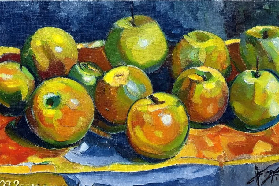 Abstract impasto oil painting of an apples on a table cezanne