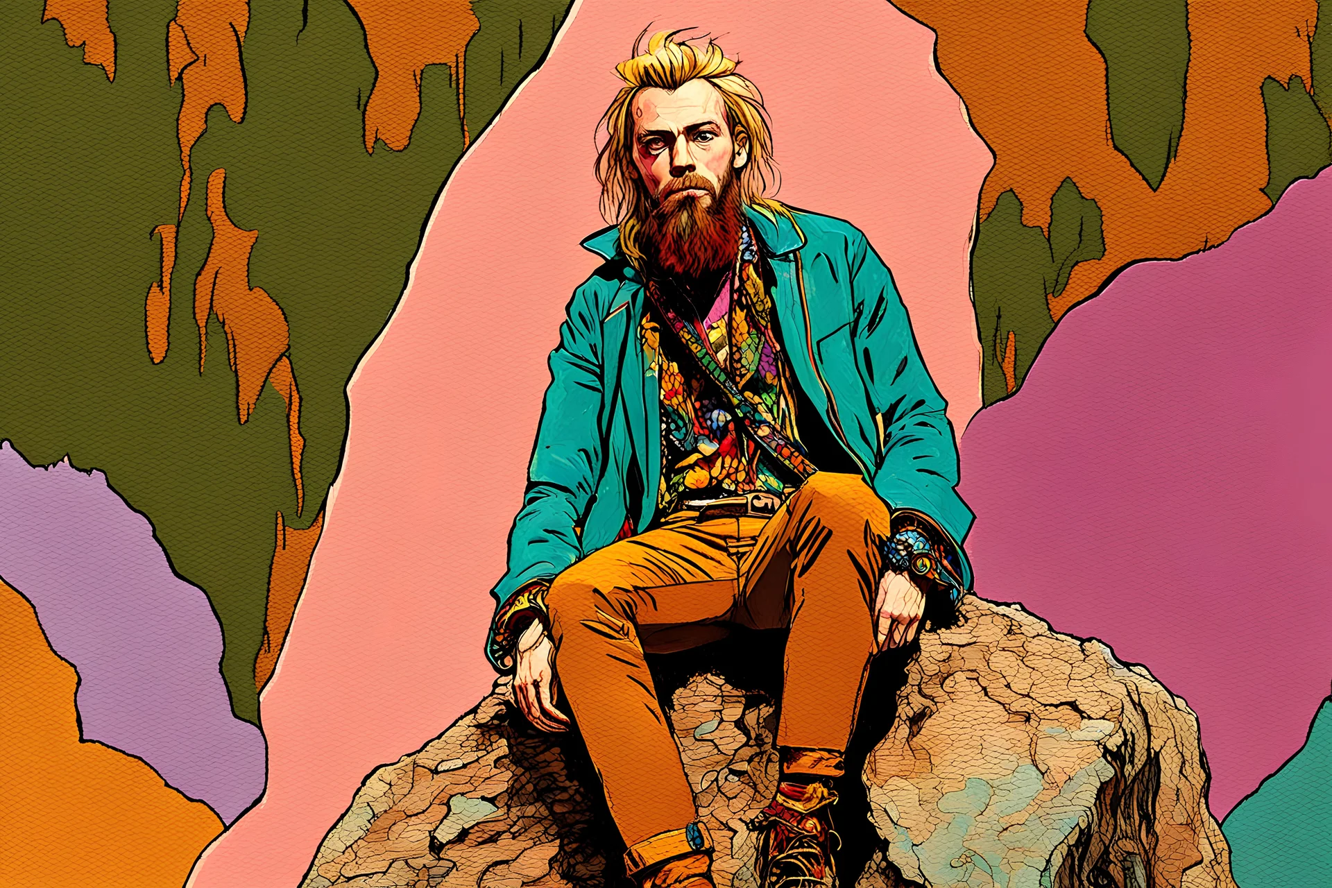 a George Baselitz-Peter McKinnon full body portrait of a handsome punk rock Rolling Stones blonde-brown beard guy, full body, with velvet-fur gold vibrant colored turquois-mauve-ocra-peachy hippie moth skin style Iris Van Harpen multi-layered wavey costume, sits on a big rock in a jungle, detail face, by Hieronimus Bosch. 80's Dark fantsy Movie Poster by Mario Bava