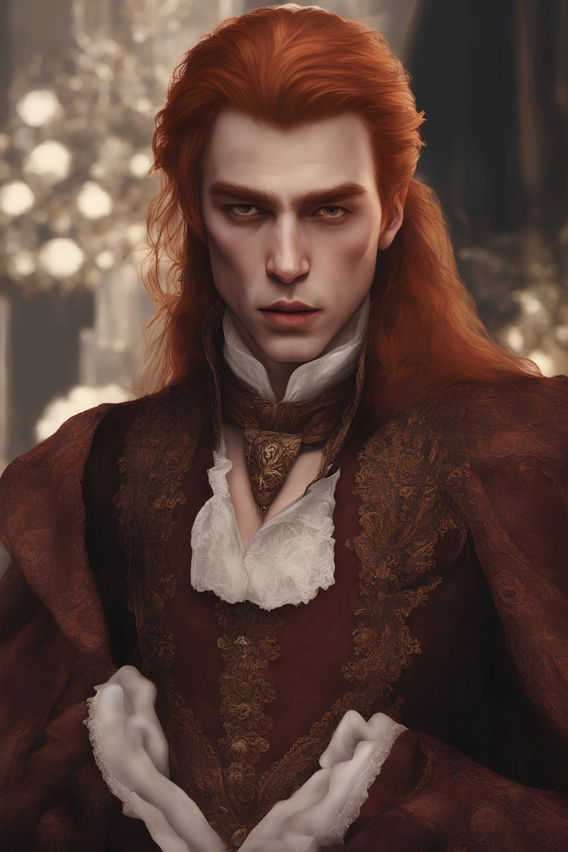 Ginger hair Dua Lipa render eye candy oil paiting Artgerm Tim Burton, subject is a beautiful long ginger hair male vampire with fangs biting a female's neck, two people, romantic, close faces, bite, feed, victorian dress, victorian background, 70mm, high detail, hyper detailed, photographic detail, UHD, unreal engine 5, headshot render, octane render, bokeh, style of Dua Lipa + Charlie Bowater in the Paris