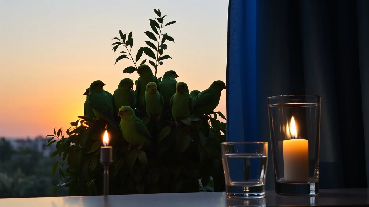 A group of green birds with human-like forms blend seamlessly with a cluster of leafy plants. The scene is set against a serene sunset. To the right, a blue curtain partially obscures the view, adding a sense of mystery. In the foreground, a lit candle in a simple candlestick and a glass of water sit on a surface, their reflections subtly visible.