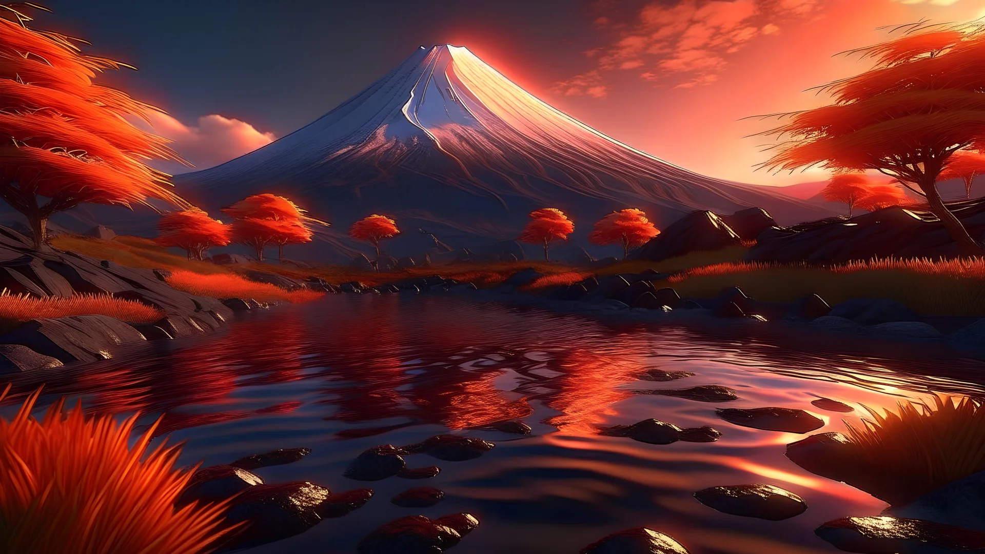 mt fuji at sunset, vivid colors, visionary, science fiction, hyper realistic, ambient lighting, concept art, intricate, hyper detailed, smooth, dynamic volumetric lighting, raytrace, cinematic, high quality, high resolution, Unreal Engine 5, 8K, symmetry, render