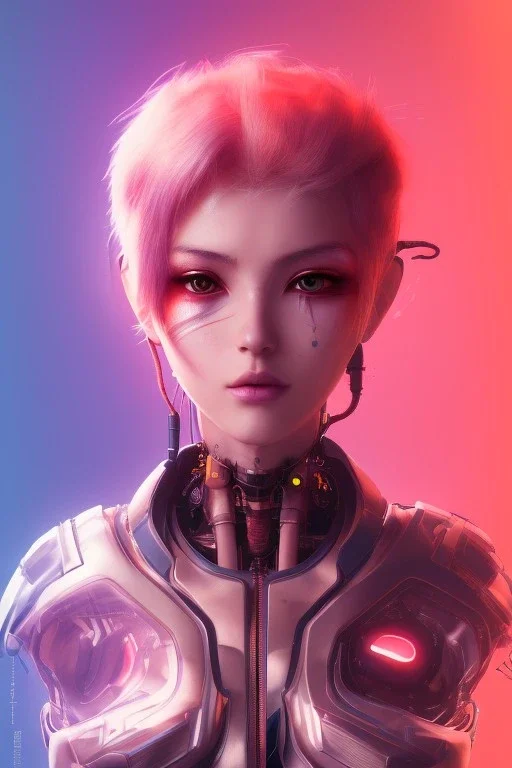 Futuristic anime cyborg, portrait from waist up, intricate eyeliner, vibrant eyeshadow, clear completion, soft lighting, 4k resolution, intricate details, insanely detailed, colorful cityscape background, masterpiece, expert, cinematic smooth, retroanime style, realistic details, no helmet, pastel hair color