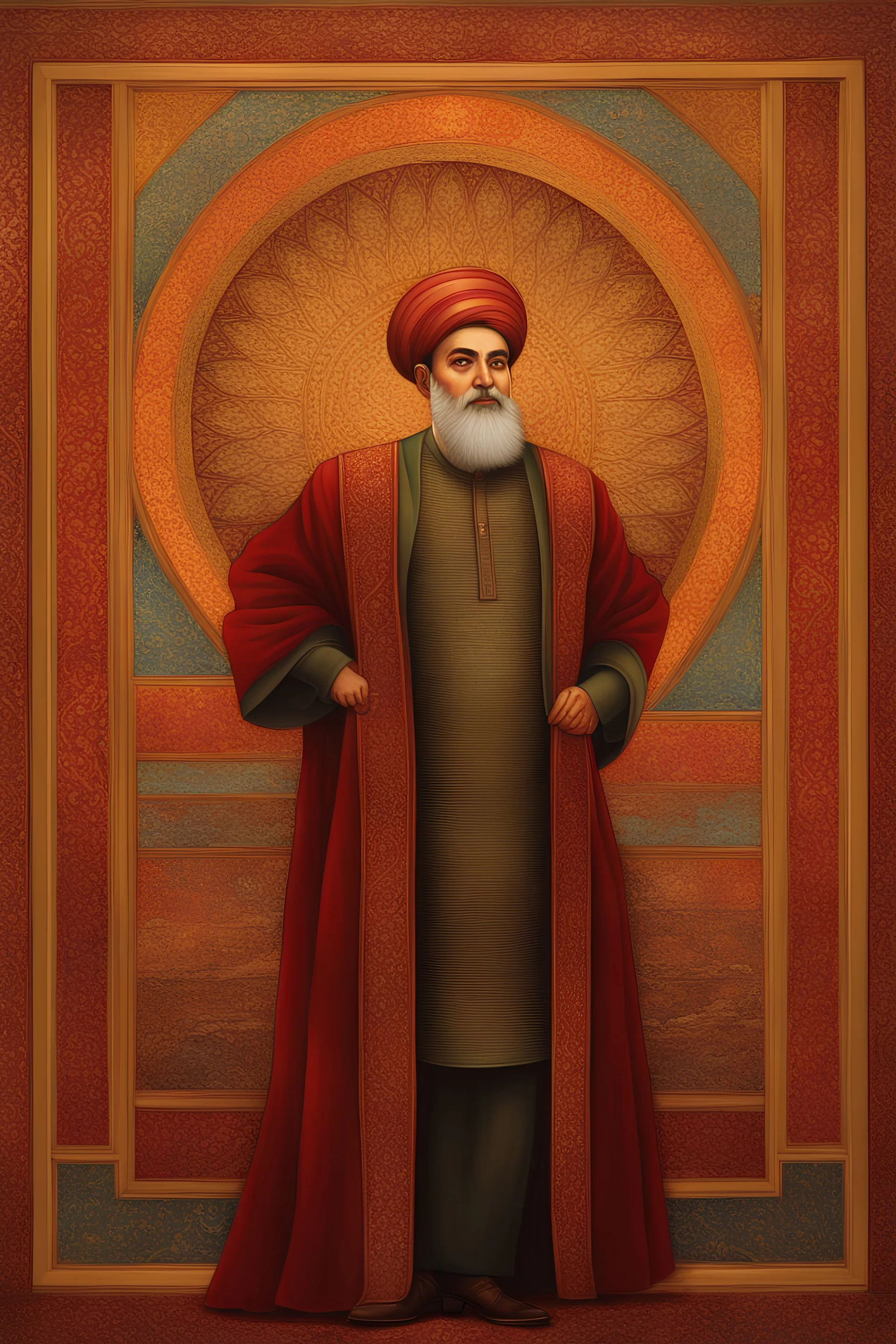 A large, intricate painting that dominates the center of the canvas, showcasing the missile power of the Islamic Republic of Iran. The background is a vibrant mixture of warm and cool hues, with the deep reds and golds symbolizing strength, power, and resilience. In the foreground, a determined and resolute figure wearing traditional Iranian attire stands tall, one hand on their hip and the other outstretched, guiding a fleet of missiles towards an ominous, looming enemy. The missiles are depict