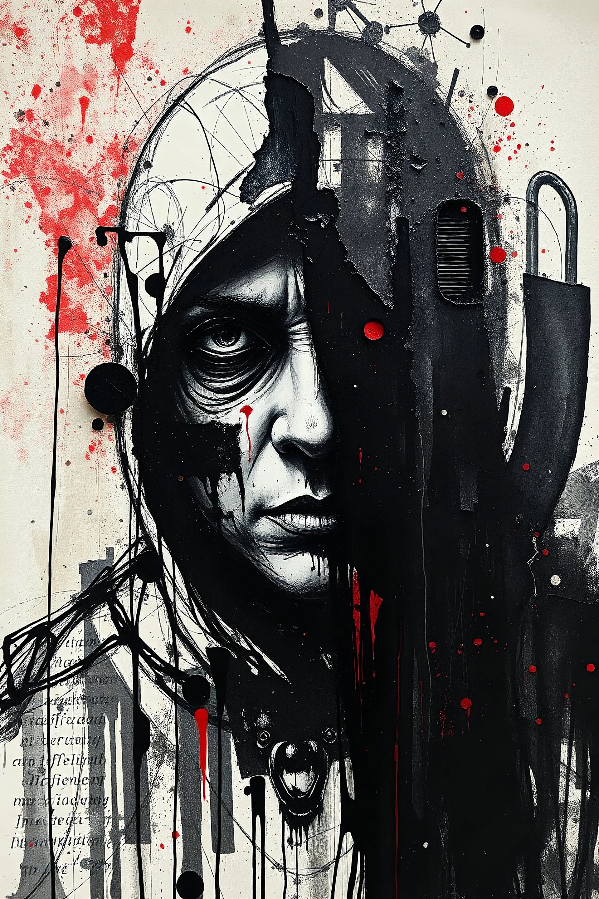 Combine a sketch dark art of figure horrible looking with an introspective gaze coated in fragments of anger—a snapshot clipping half-buried beneath thick black strokes and faded ashes, irregular splashes of paint creating an abstract spooky situasion. Melting hint at something industrial, almost cryptic, while bursts of fire and red break through. The scene pulses with raw energy, like a snapshot of a horrific memory, wrapped in resin-coated organza, atop layers of collage horror at background