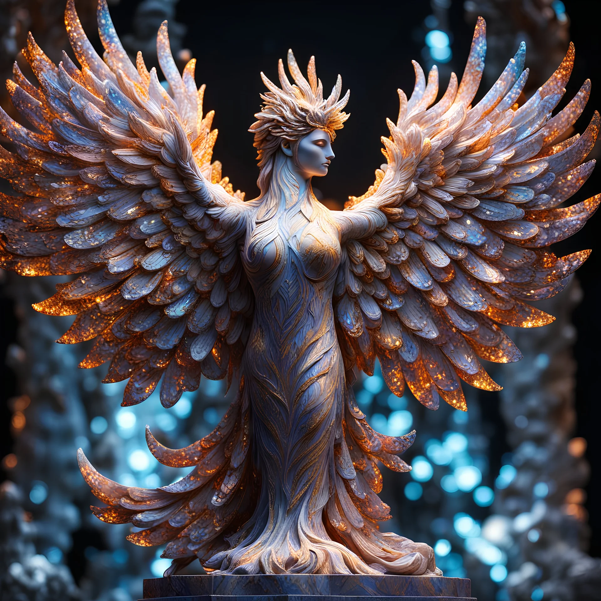 pheonix marble statue covered with glowing crystals, high exposure, Professional photography, high contrast, bright vibrant colors, dark tone, high highlights, Intricate Patterns, Ultra Detailed, Luminous, Radiance, beautiful, Ultra Realism, Complex Details, Intricate Details, 8k, HDR, High Quality, Trending On Artstation, Sharp Focus, Studio Photo, Intricate Details,