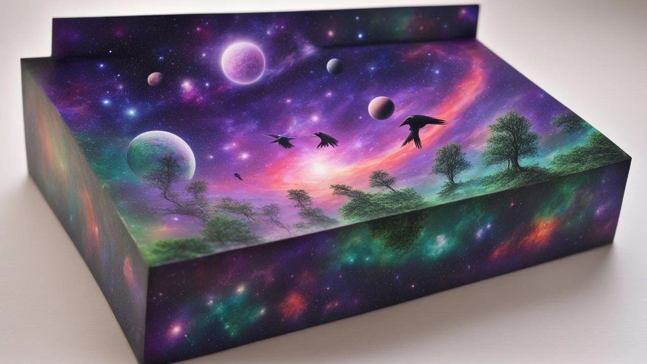 a box 10 cm long by 5 cm wide and 25 cm high, drawn on a box on all sides, space, tress, planets, crow galaxies a lot of colours purple, green and red, portal too others galaxy, realistic