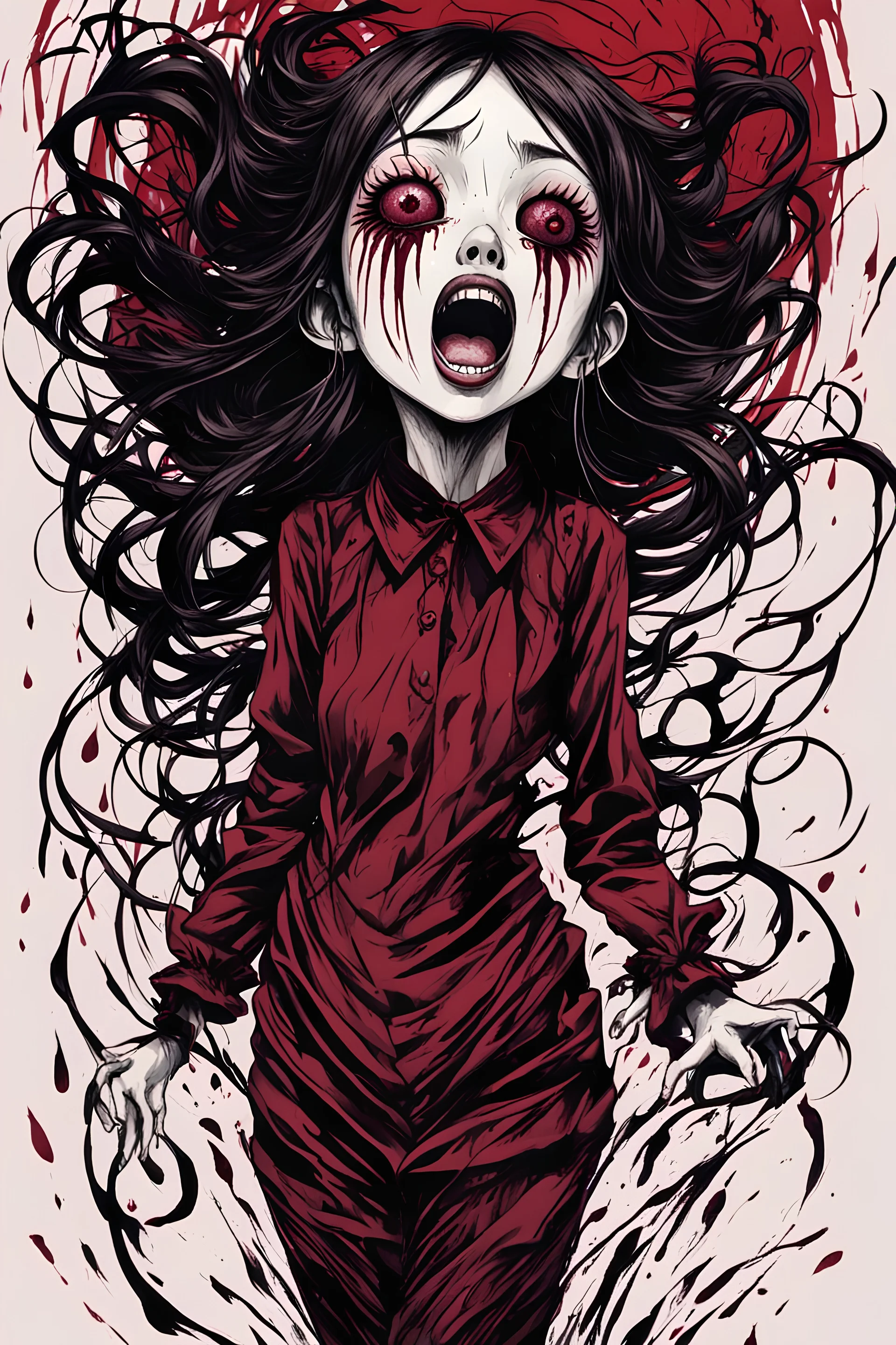 Petit woman fullbody with rare eyes, face distorted with pain, screaming, tears streaming from eyes, weird pose, fullbody, Junji Ito style, darkred tones,