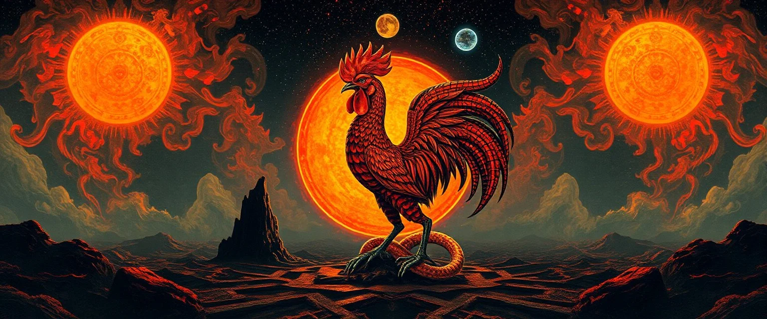 &The source of light shadow chaos order, Abraxas the first creature, older than God fire and darkness volcano Haiti god with rooster head and serpent legs as a vision of the beginning of awakening within a dream of paint color and time, 365, ruling over the sun the planets, color, time itself, in the style of Escher