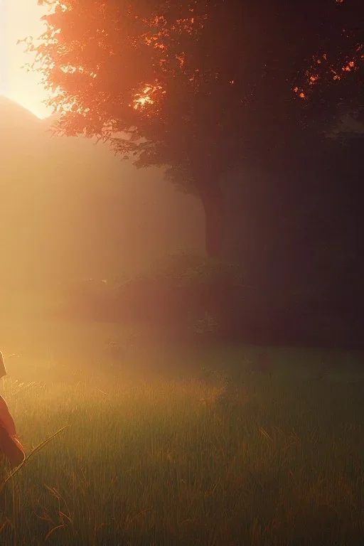  Jesus standing in the grass, A beautiful landscape at dawn by atey ghailan, ismail inceoglu, michal lisowski, artstation, volumetric light, high detail, perfect