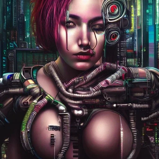 beautiful cyberpunk huge girl, hyper detailed, hyperdetailed, intricately detailed, oil on canvas,