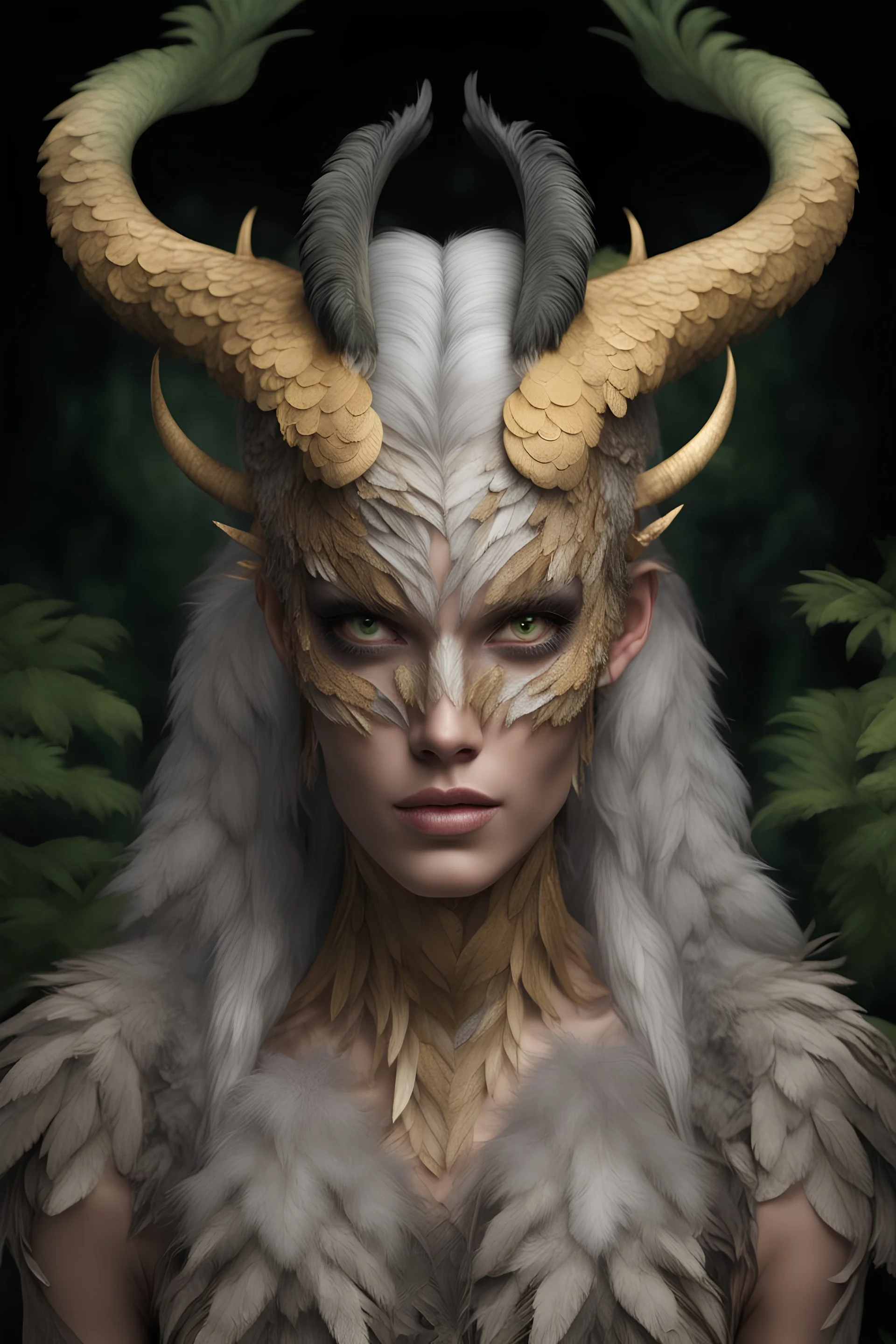 harpy, head of a beautiful woman, body in feathers, bird wings, feathers on the head, realistic eyes, high quality image, realistic image, 8k, high quality, hyperrealism, against the backdrop of a green forest, full portrait