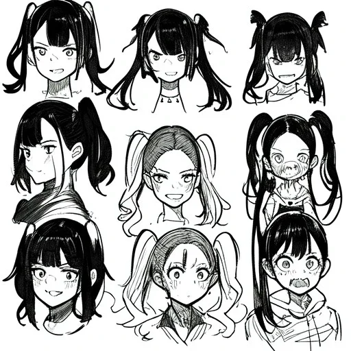 Clear focus, High resolution, rough line sketch art, cute, cartoon, one side is a fluff cut, one side does not have hair but it does have one piece of hair that is medium length and sharp, both sides have medium length sharp locks on each side of her head, long twintails, smooth twintails, black hair