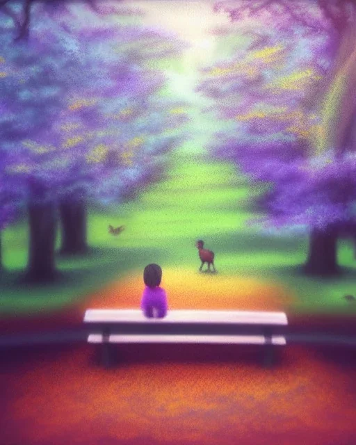 park mystical dream, park bench, man, woman, child, dog, trees, path, bird, sunshine, mystical, fantasy, romanticism, pastel colors, daylight, daytime, acrylic painting, detailed, soft focus,