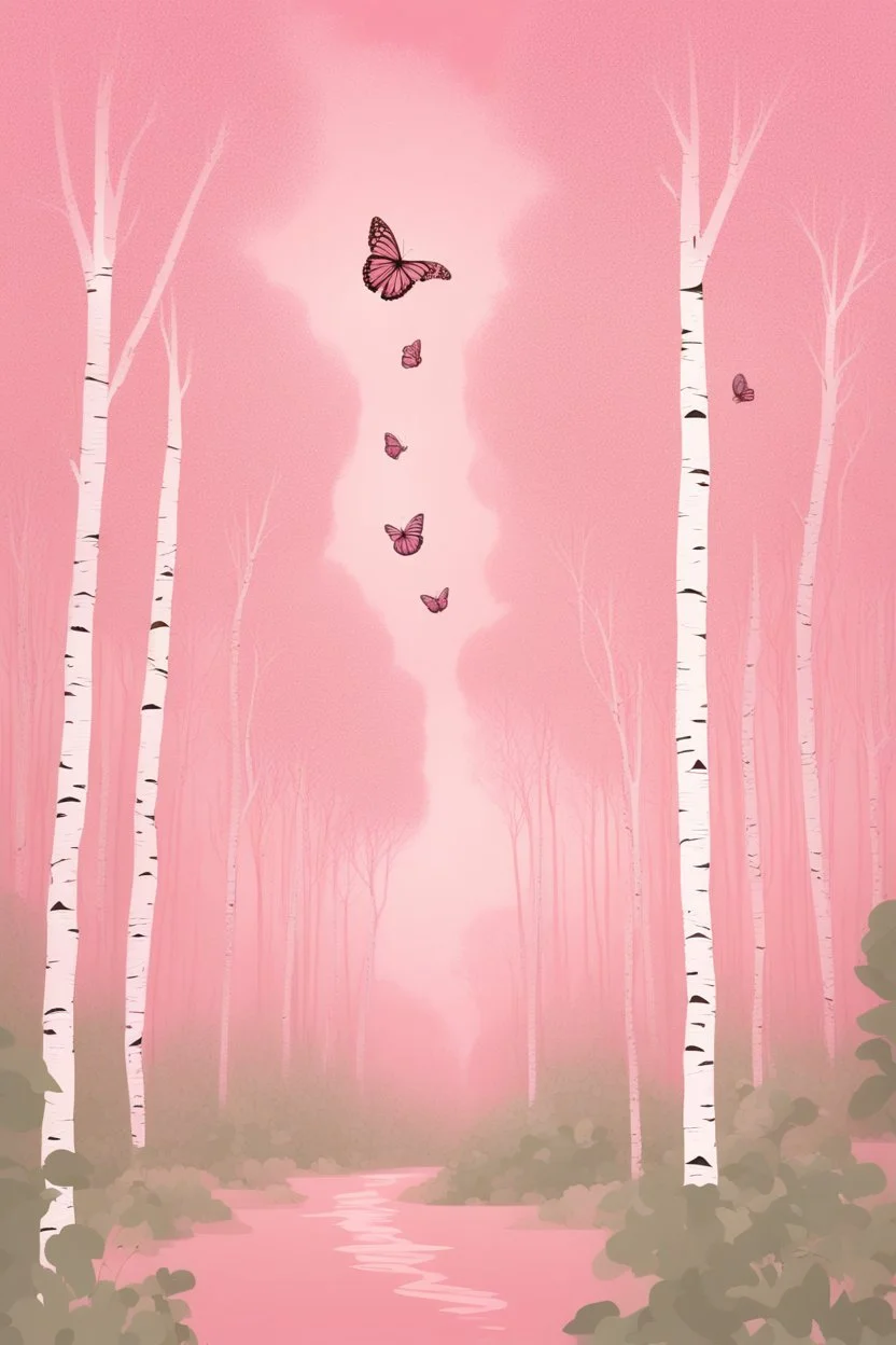 Butterflies and bubbles flying up to the sky through a pink birch forest