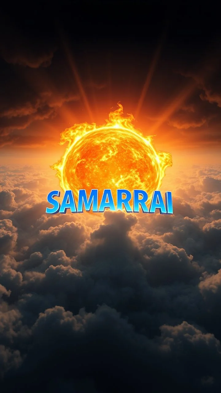 A huge ball of fire above swirling “ clouds, the word “ SAMARRAI “ in 3D color blue emerges from the heart of a raging storm. Turbulent winds of steam swirl around the sun lit by shafts of sunlight that cast dramatic shadows on the A beautiful sun , High quality 16k cinematic scene and great photography