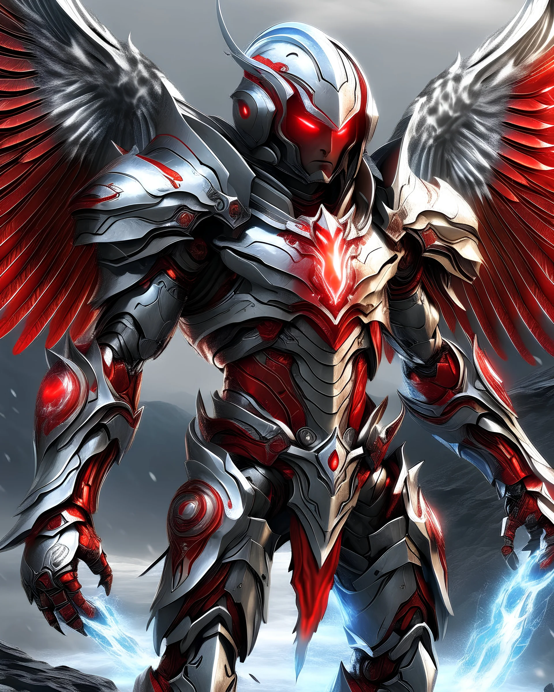 male silver metal armor with red and gold highlights with angel wings, flying over a glacier, glowing red eyes with the helmet covering the face entirely