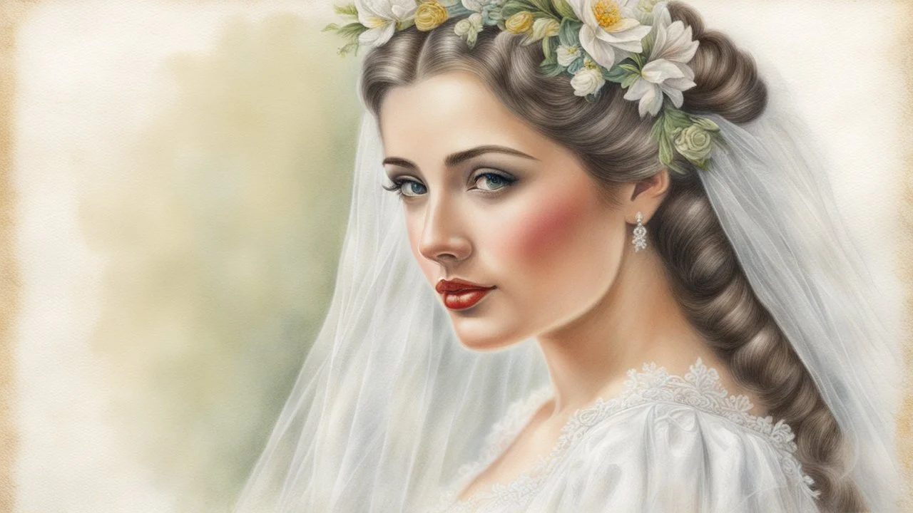 old postcard, white background, bride, colored pencil drawing, 3d, 64k, high resolution, high detail, computer graphics, hyperrealism, f/16, 1/300 sec. digital painting, double exposure,