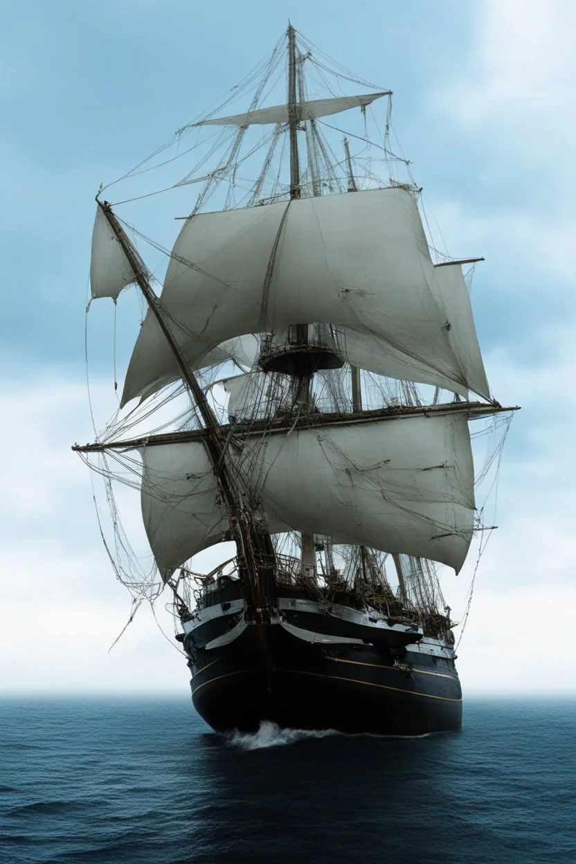 front view of a ship with a spider figurehead in stormy weather