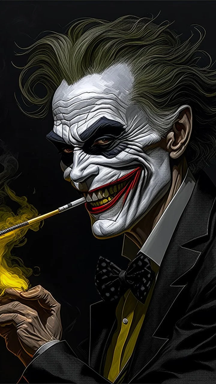 Bosch nightmares paining style Title: a joker face with cigarette in his mouth, smiling 8k,photography, photorealistic concept art, soft natural volumetric cinematic perfect light, chiaroscuro, award-winning photograph, masterpiece, oil on canvas, Raphael, Caravaggio, Greg Rutkowski, people, beksinski, Giger