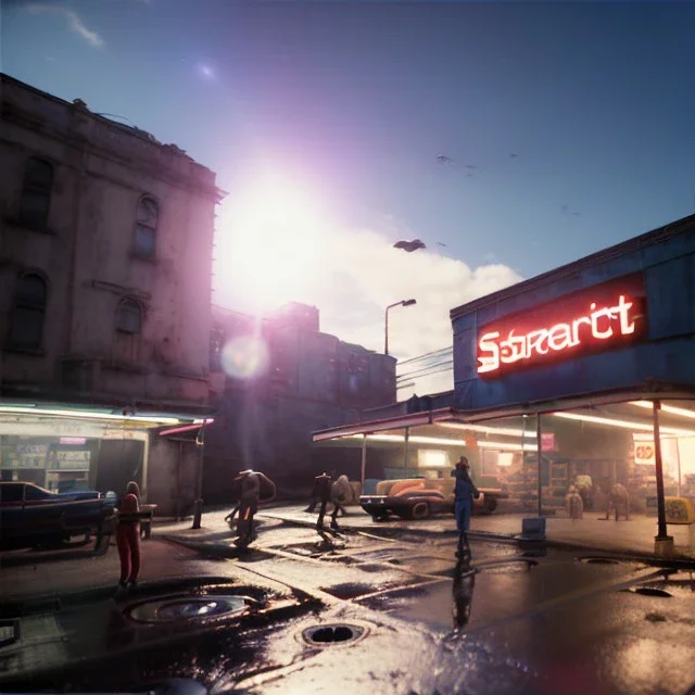 Ultra Realistic retro sci-fi explosion Supermarket parking scene, 1960 year, many people running. blonde woman, sweet scarlet Johansson face, perfect iris, glow eyes, face makeup, tight latex coat; many panic people, Retro sci-fi style, soft color, highly detailed, unreal engine 5, ray tracing, RTX, lumen lighting, ultra detail, volumetric lighting, 3d, finely drawn, high definition, high resolution.