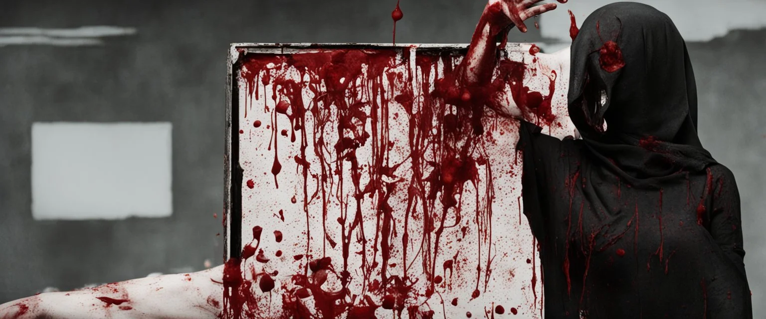 a faceless woman covered in blood holding up a black rectangular box