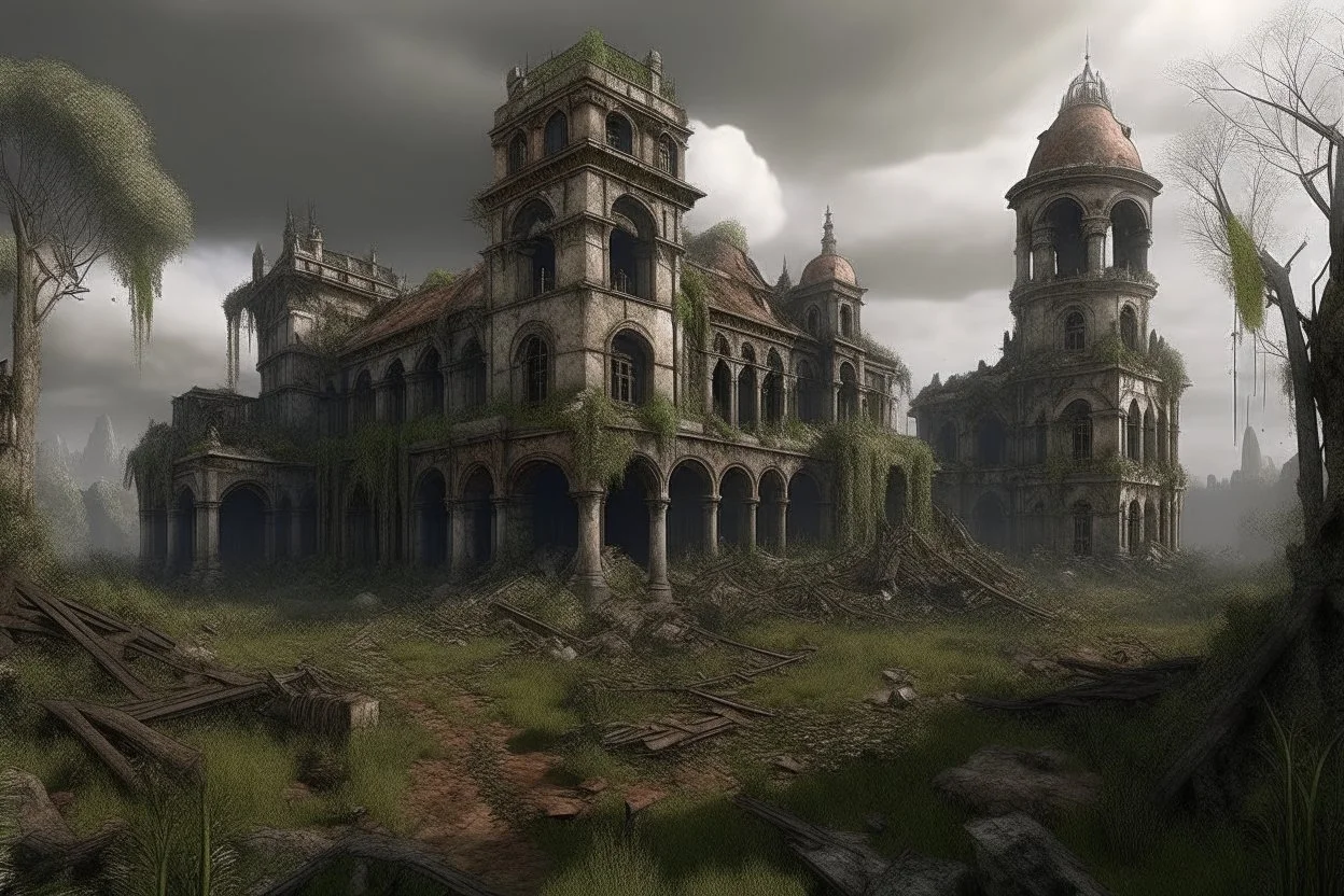 ruined victorian city post-apocaliptic cursed wilderness