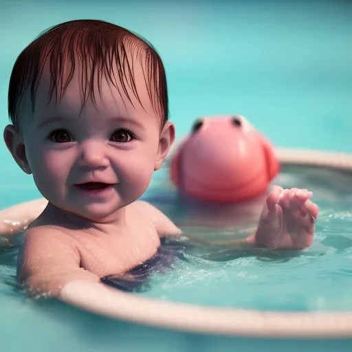 Cute Baby swimming in pool, full body detail, unreal 5, octane render,cinema4d, dynamic lighting, 8k, redshift render, highly, hyperrealism ultra detailed, hyper realistic.