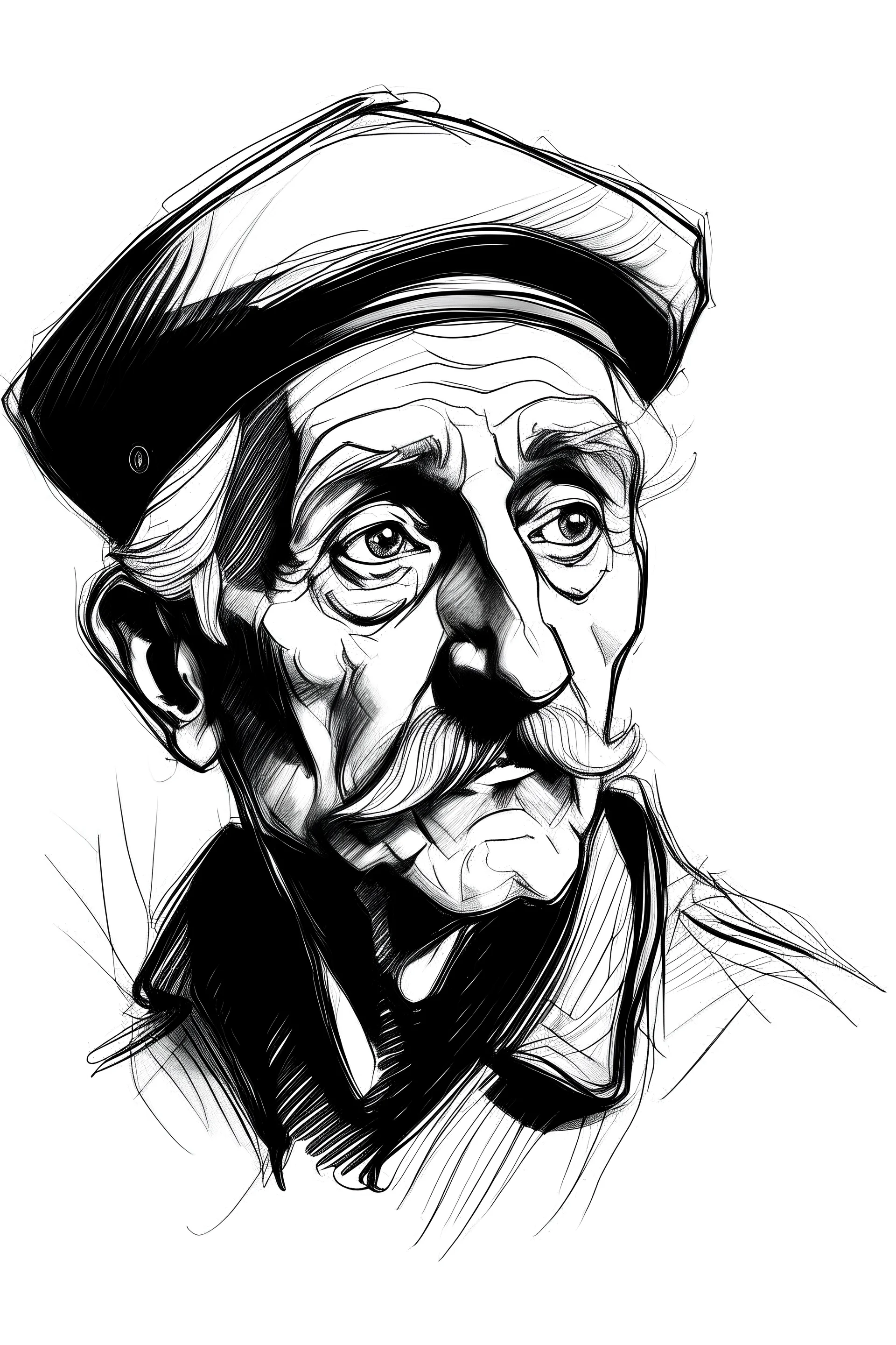 sketch portrait of 80 years old man , ghost, mustache, scared, French beret