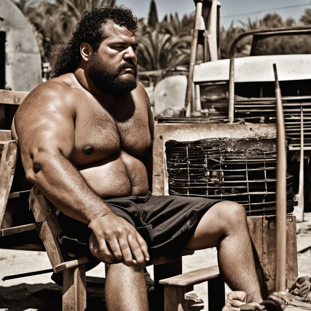 extreme close up photography of a sicilian ugly burly serious wet sweaty, muscular chubby strong fat carpenter, shirtless, boxer, bulge, manly chest, very hairy allover, big goatee 26 years old, curly short hair, sit sleeping with open legs on a little chair , on a construction site in the middle of a road, under the August sun, emotional eyes, , hyper-realistic, photorealistic , frontal view from the ground